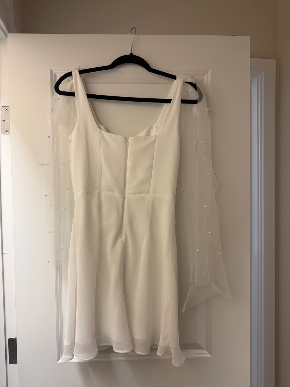 Pearl-Accented Cream Mini Wedding Dress with Draped Neckline - Picture 2 of 2